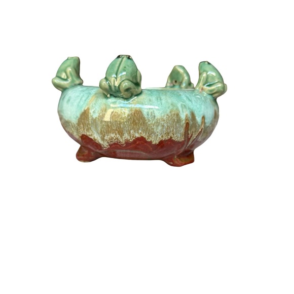 Majolica Style Round Pottery Planter 5 Frogs Bowl Turquoise Brown Drip Glaze - Picture 2 of 7